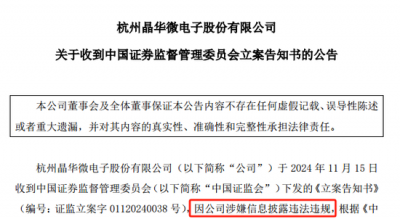 涉嫌信披违法违规！知名芯片股晶华微，被立案！